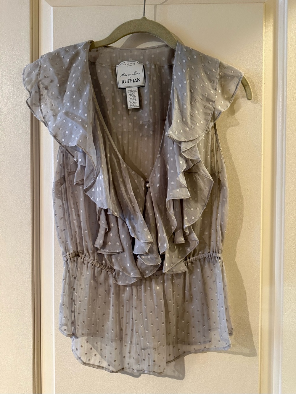 Anthropologie Light Gray Ruffled Dot Chiffon Blouse